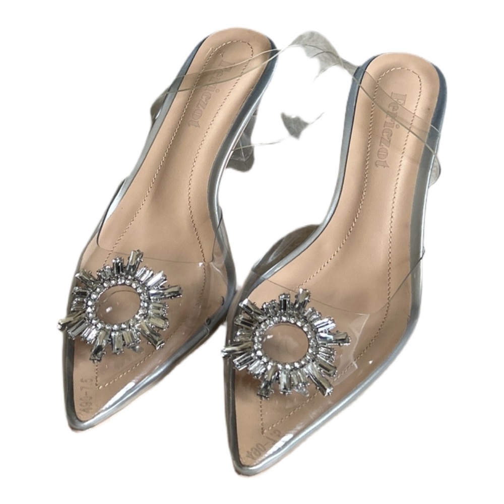 Fericzot Women's Embellished Clear/Silver Pointed Toe Slingback 2.75” Heels